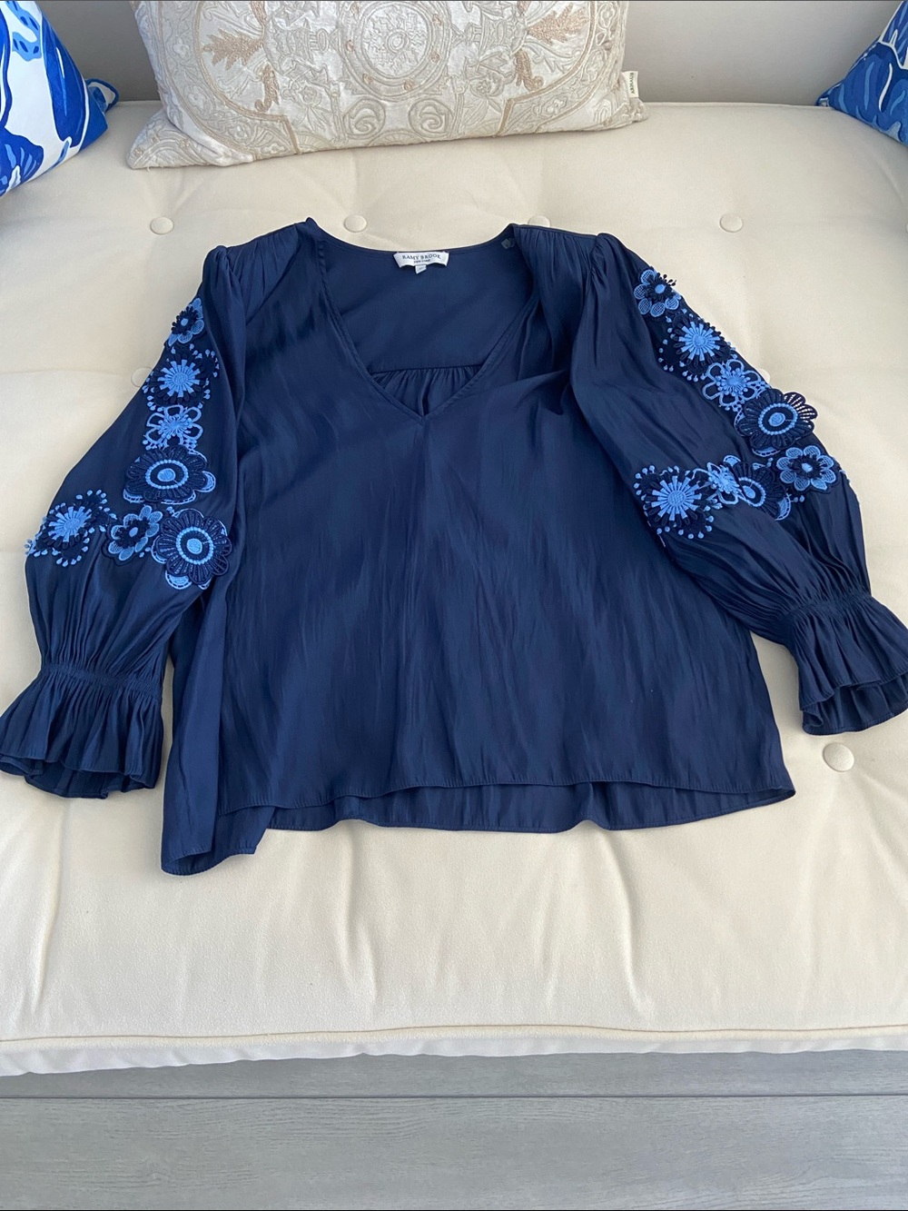 Ramy Brook Navy Blouse with Blue Floral Embroidered Sleeves